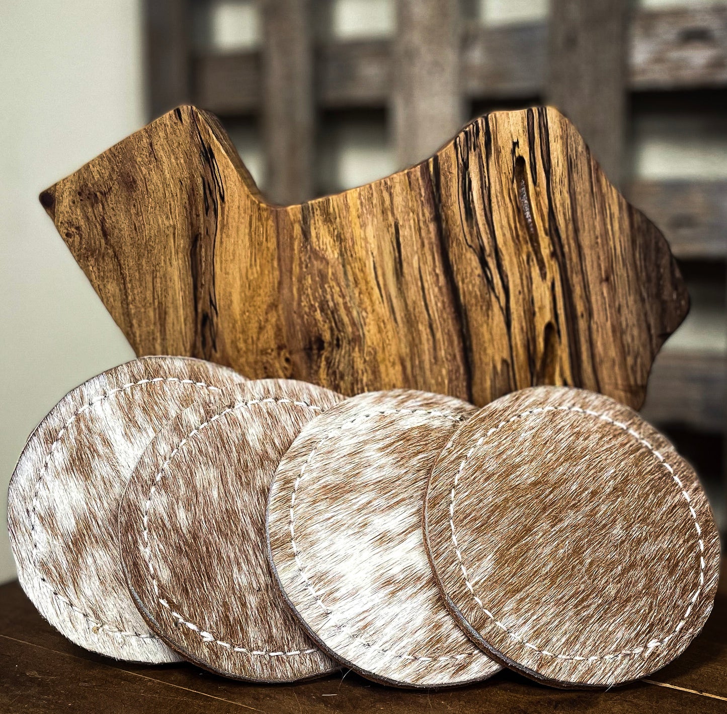 Hampton Leathers Brown and White Cowhide & Leather Coasters